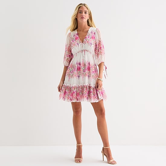 Melonie T Womens V Neck 3/4 Sleeve Chiffon Floral Fit + Flare Dress