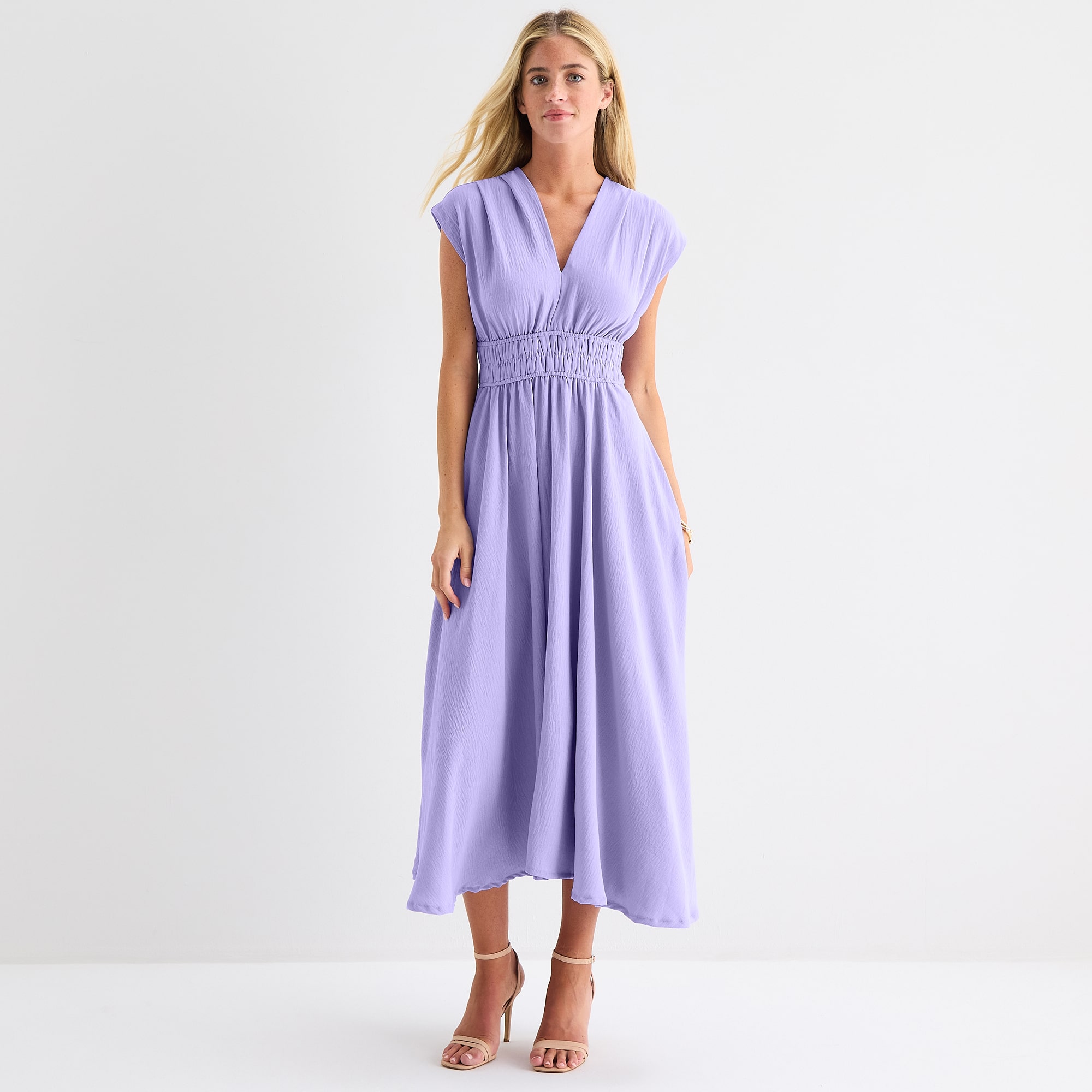 Melonie T Womens Midi V Neck Sleeveless Cap Fit + Flare Dress