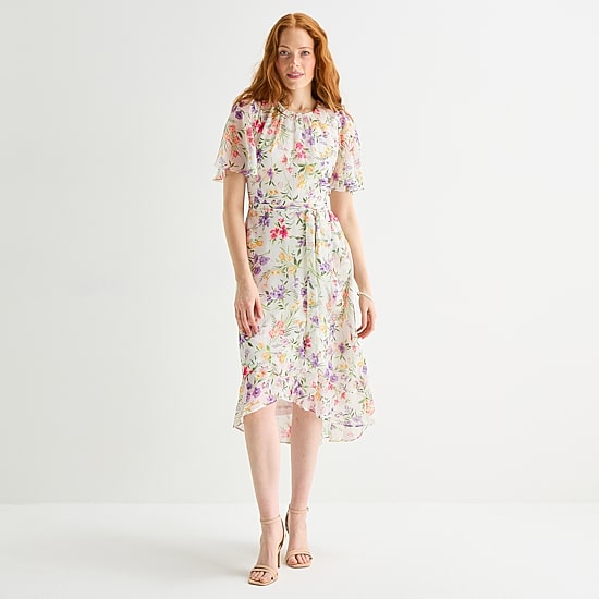 Jessica Howard Womens High-Low Crew Neck Short Sleeve Bell Fit + Flare Dress
