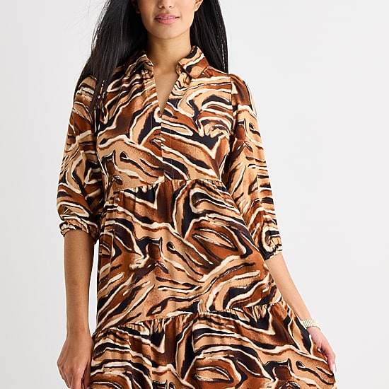 52seven Womens Midi 3/4 Sleeve Animal Shift Dress