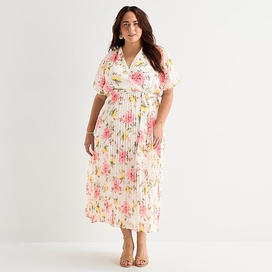 Studio 1 Womens Plus V Neck Short Sleeve Cape Maxi Dress