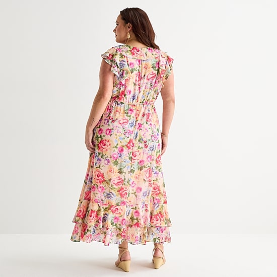 Melonie T Womens Plus V Neck Sleeveless Ruffled Maxi Dress