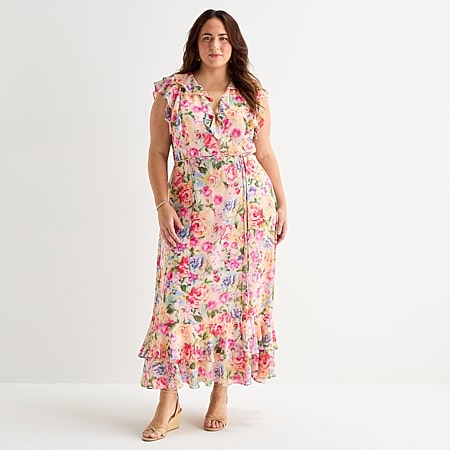 melonie t womens long sleeve floral maxi dress Melonie T Womens Plus Keyhole Neck Long Sleeve Raglan Maxi Dress, Color:  Pink Lavender
