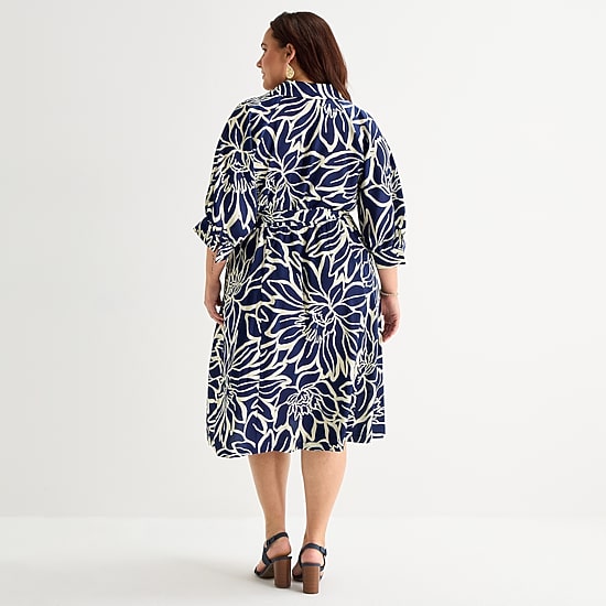 52seven Womens Plus Midi V Neck 3/4 Sleeve Cuffed Abstract Fit + Flare Dress
