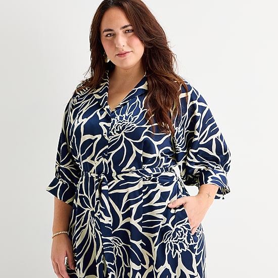 52seven Womens Plus Midi V Neck 3/4 Sleeve Cuffed Abstract Fit + Flare Dress