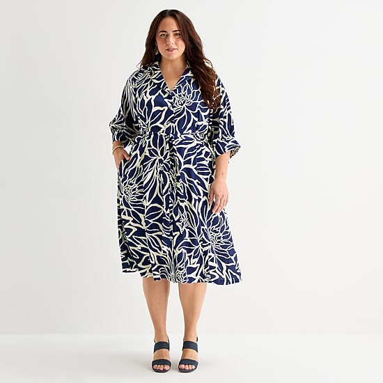 52seven Womens Plus Midi V Neck 3/4 Sleeve Cuffed Abstract Fit + Flare Dress