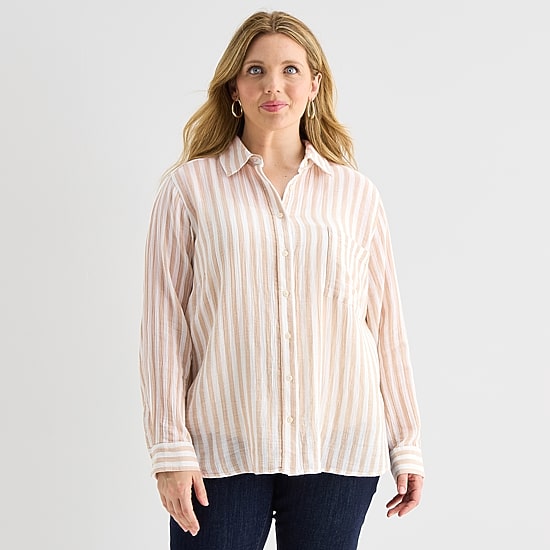 St. John's Bay Womens Plus Long Sleeve Relaxed Fit Button-Down Shirt