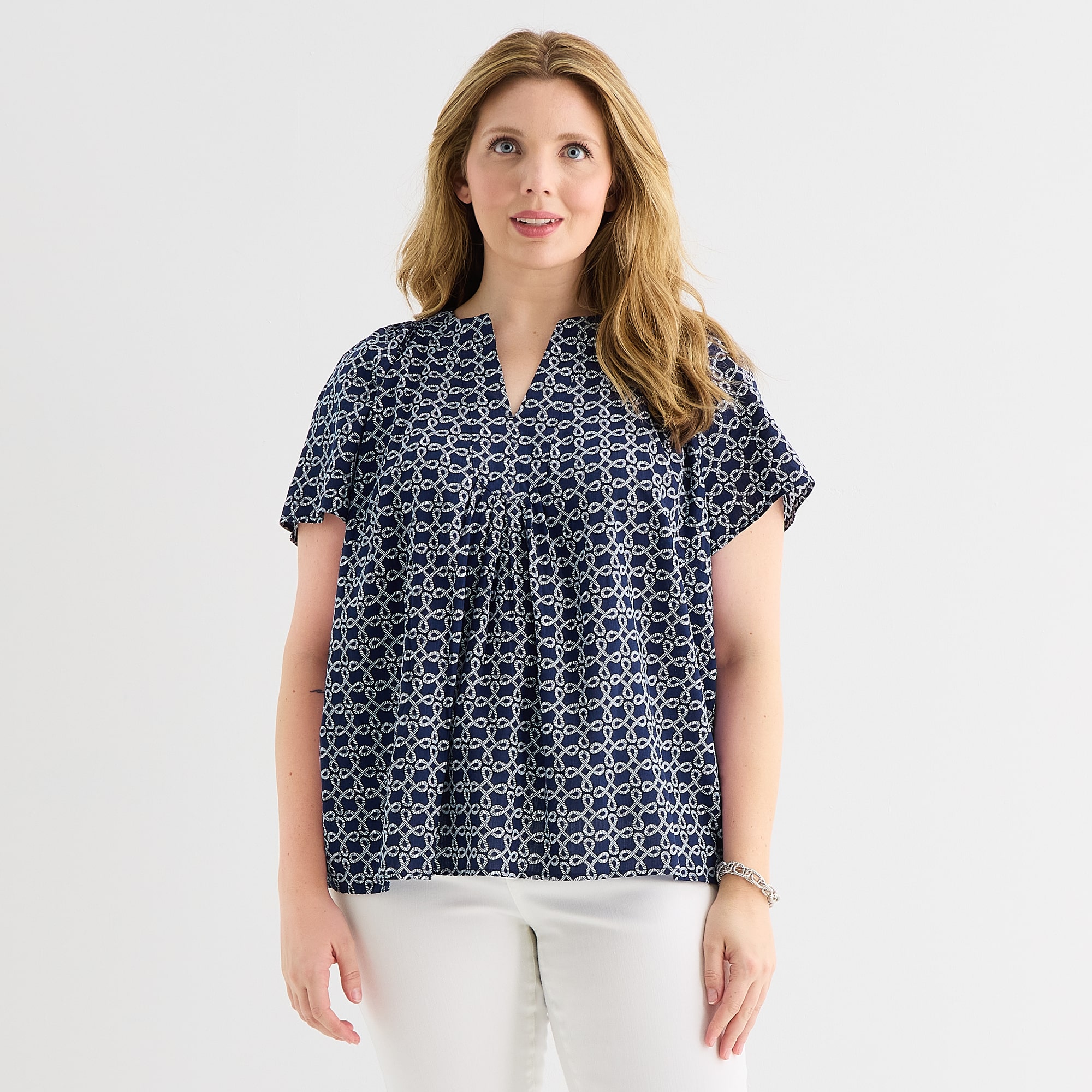 St. John's Bay Womens Plus V Neck Short Sleeve Blouse
