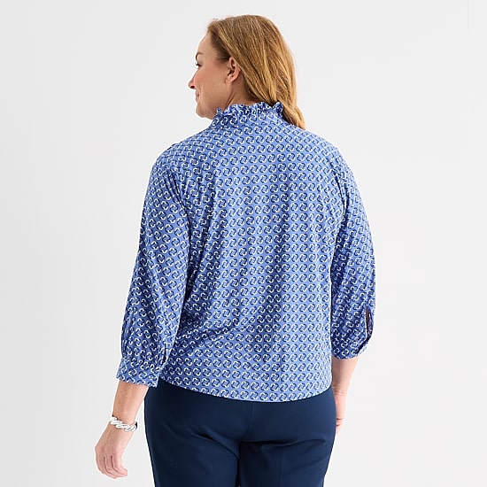 Liz Claiborne Womens Plus Mock Neck 3/4 Sleeve Ruffled Blouse