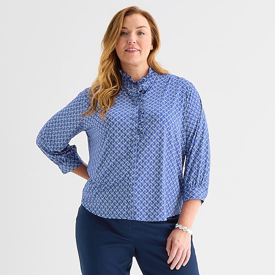 Liz Claiborne Womens Plus Mock Neck 3/4 Sleeve Ruffled Blouse