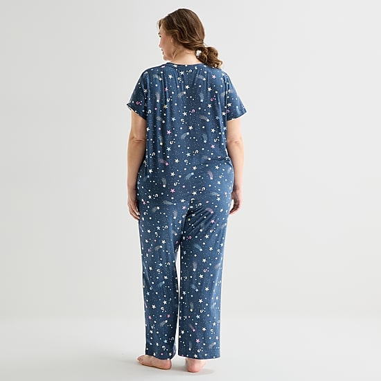 Jaclyn Womens V-Neck Short Sleeve 2-pc. Plus Pajama Set