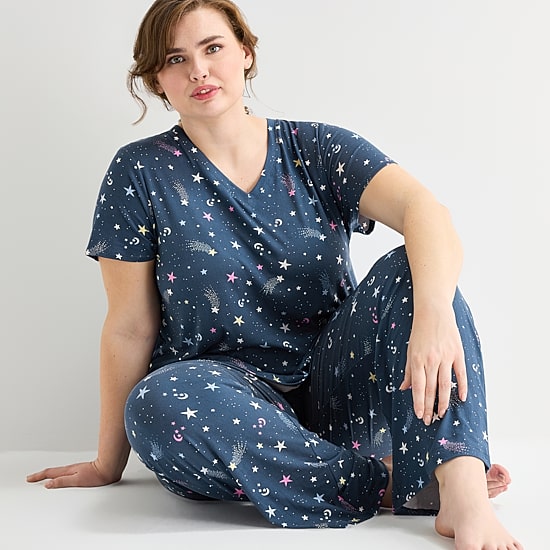 Jaclyn Womens V-Neck Short Sleeve 2-pc. Plus Pajama Set