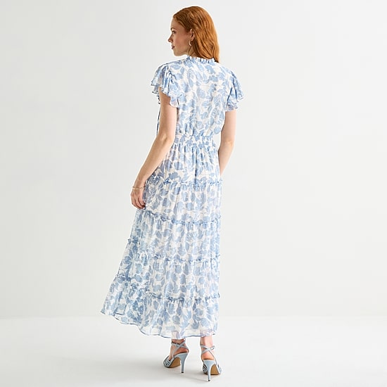 MSK Womens Split Tie Neck Short Sleeve Flutter Maxi Dress
