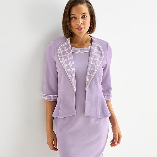 Maya Brooke Womens Crepe Pearl Trim Plaid Jacket Dress