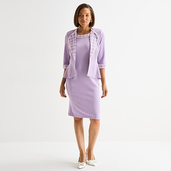 Maya Brooke Womens Crepe Pearl Trim Plaid Jacket Dress