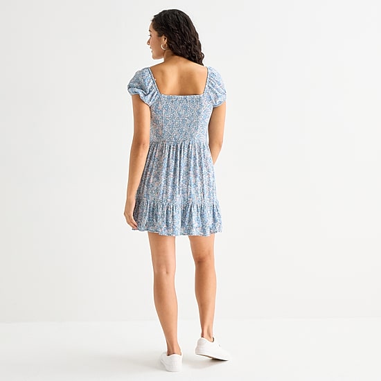 Arizona Womens Juniors Scoop Neck Short Sleeve Babydoll Dress