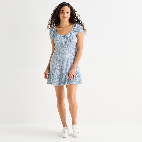 Arizona Womens Juniors Scoop Neck Short Sleeve Babydoll Dress