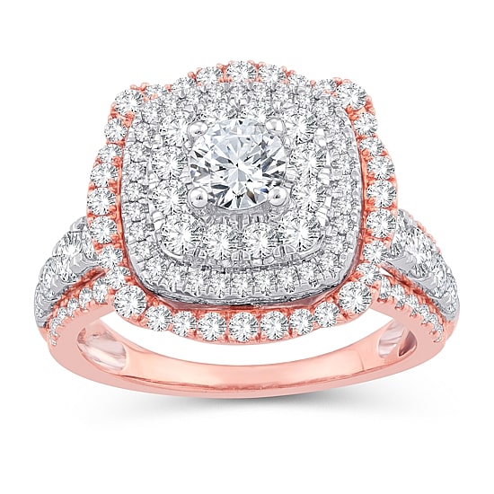 Womens 2 1/4 CT. T.W. Natural White Diamond 10K Gold 10K Rose Gold Cushion Side Stone Halo Engagement Ring