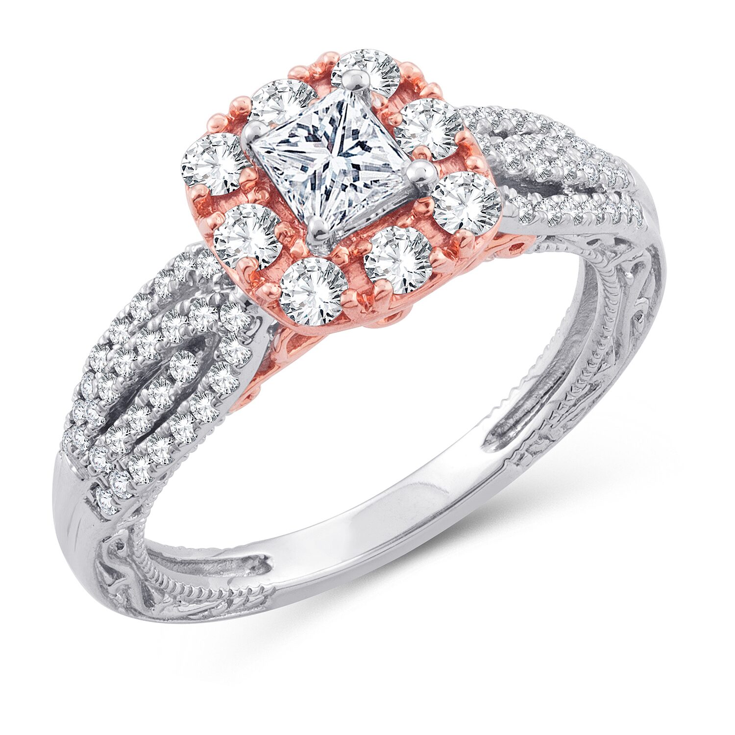 Womens 1 1/2 CT. T.W. Natural White Diamond 10K Gold Rose Cushion Engagement Ring