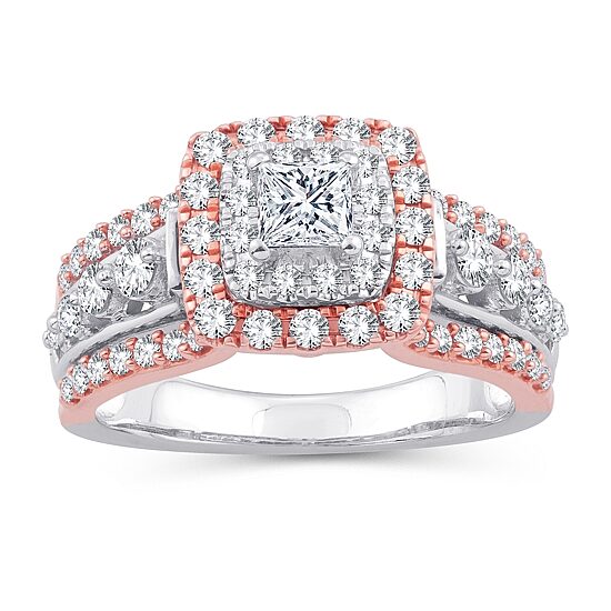 Womens 1 1/3 CT. T.W. Natural White Diamond 10K Gold 10K Rose Gold Cushion Side Stone Halo Engagement Ring
