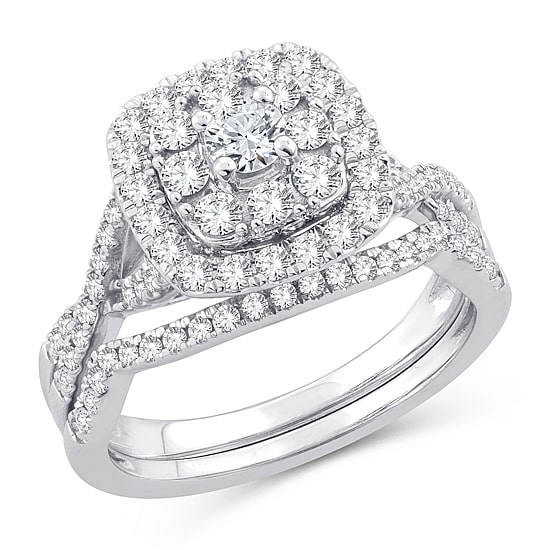 Womens 1 CT. T.W. Natural White Diamond 10K Gold Cushion Side Stone Halo Bridal Set