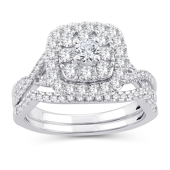 Womens 1 CT. T.W. Natural White Diamond 10K Gold Cushion Side Stone Halo Bridal Set