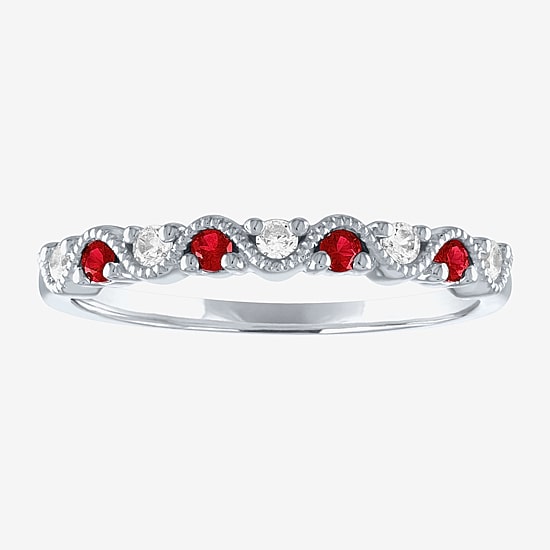 Modern Bride Gemstone Wedding Band with Emerald, Sapphire, or Lead Glass-Filled Ruby and 1/10 CT. T.W. Diamonds in 10K Gold