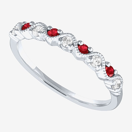 Modern Bride Gemstone Wedding Band with Emerald, Sapphire, or Lead Glass-Filled Ruby and 1/10 CT. T.W. Diamonds in 10K Gold