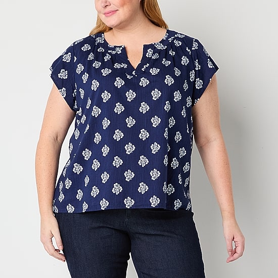 St. John's Bay Womens Plus Easy-on + Easy-off Hidden Access Opening Split Crew Neck Short Sleeve Adaptive Blouse