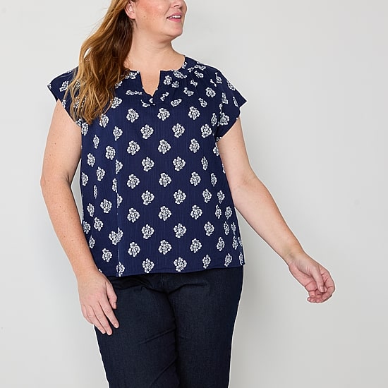 St. John's Bay Womens Plus Easy-on + Easy-off Hidden Access Opening Split Crew Neck Short Sleeve Adaptive Blouse