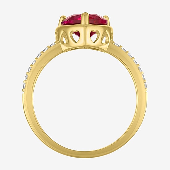 Womens Lab Created Red Ruby 14K Gold Over Silver Heart Side Stone Cocktail Ring