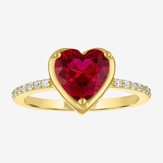 Womens Lab Created Red Ruby 14K Gold Over Silver Heart Side Stone Cocktail Ring