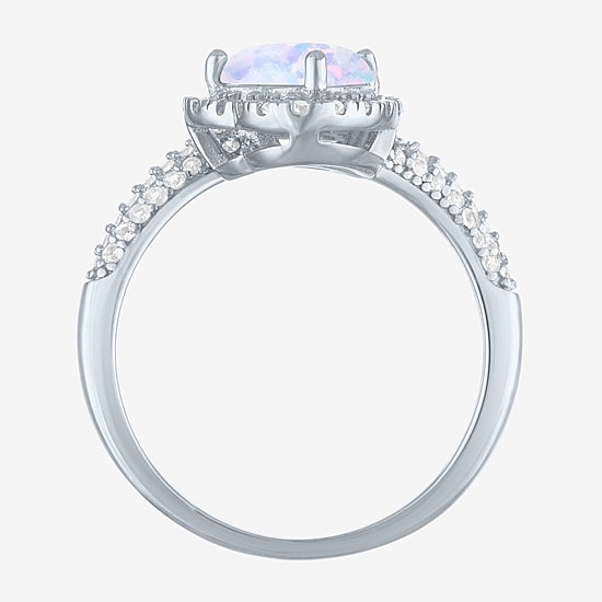 Womens Lab Created White Opal Sterling Silver Heart Halo Side Stone Cocktail Ring