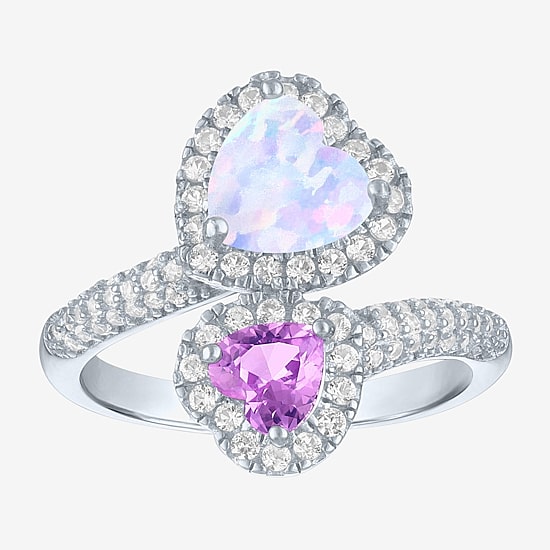 Womens Lab Created White Opal Sterling Silver Heart Halo Side Stone Cocktail Ring