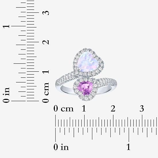 Womens Lab Created White Opal Sterling Silver Heart Halo Side Stone Cocktail Ring