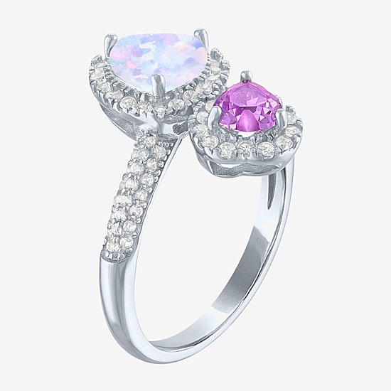 Womens Lab Created White Opal Sterling Silver Heart Halo Side Stone Cocktail Ring