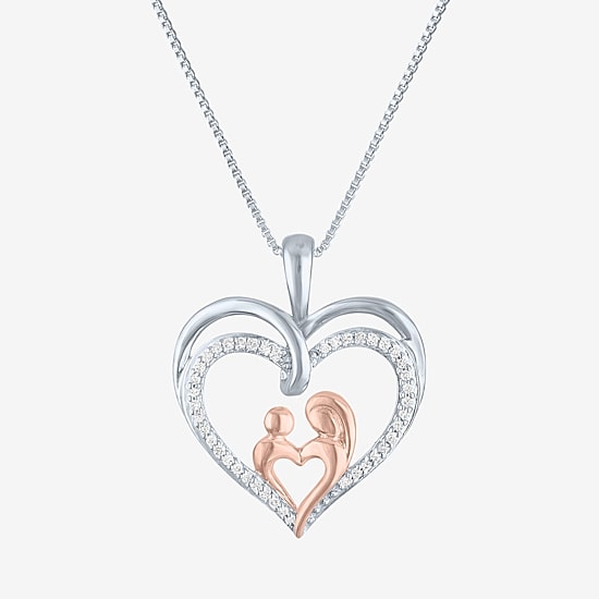"Mother And Daughter" Womens 1/10 CT. T.W. Natural White Diamond 14K Rose Gold Over Silver Sterling Silver Heart 18 Inch Pendant Necklace