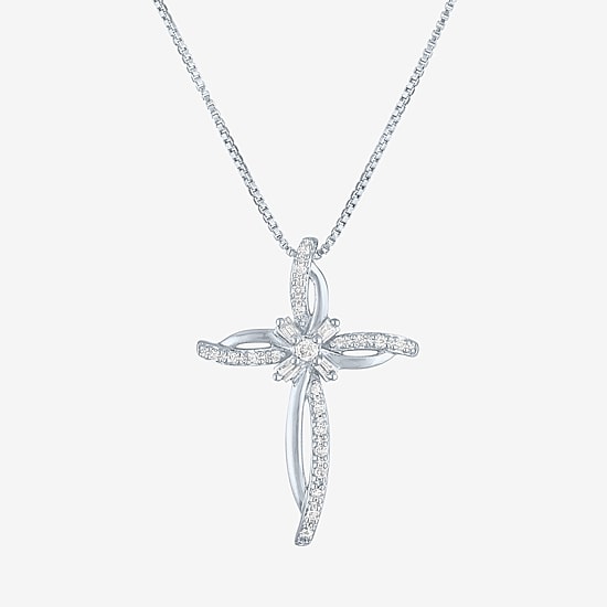Womens 1/10 CT. T.W. Natural White Diamond Sterling Silver Cross 18 Inch Pendant Necklace