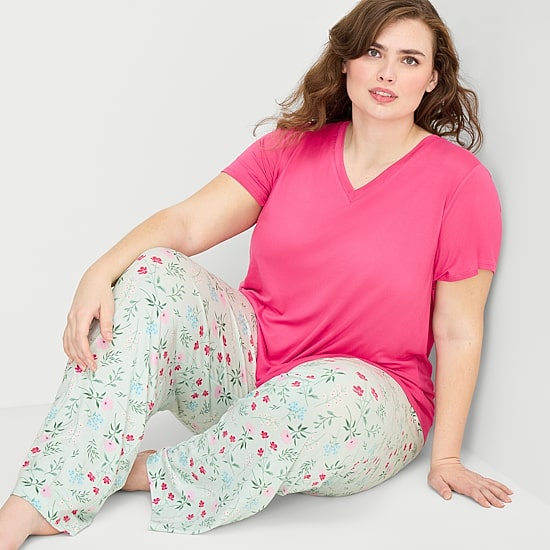 Jaclyn Womens V-Neck Short Sleeve 2-pc. Plus Pajama Set