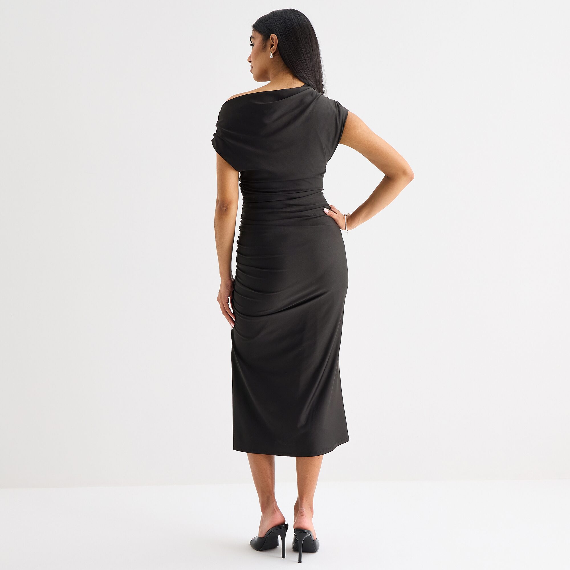 Premier Amour One Shoulder Womens Midi Asymmetrical Neck Short Sleeve Sheath Dress