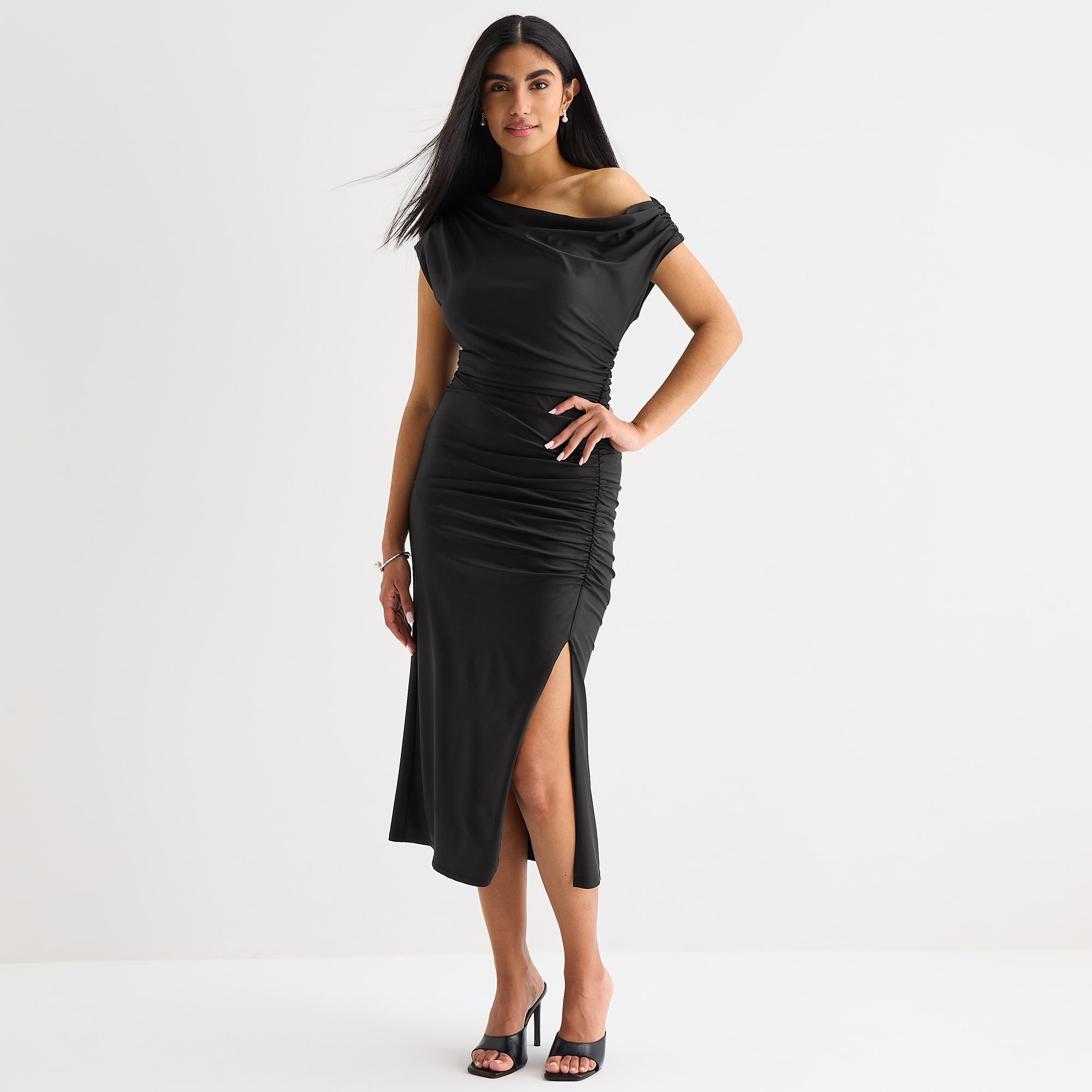 Premier Amour One Shoulder Womens Midi Asymmetrical Neck Short Sleeve Sheath Dress