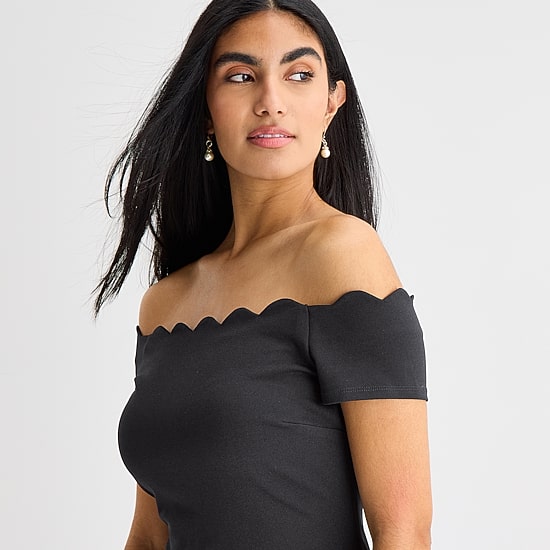 Premier Amour Off The Shoulder Womens Scallop Neck Short Sleeve Sheath Dress