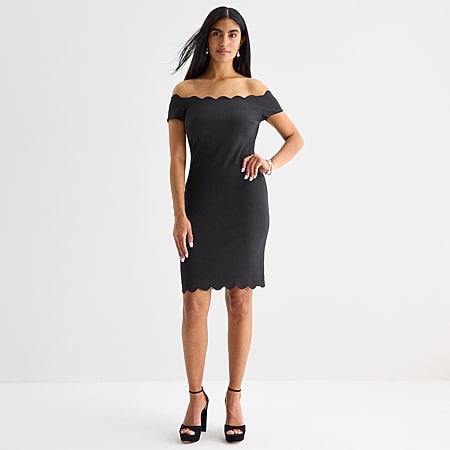premier amour off the shoulder sheath dress Premier Amour Off The Shoulder Women's Scallop Neck Short Sleeve Sheath Dress | Black | Women's 2