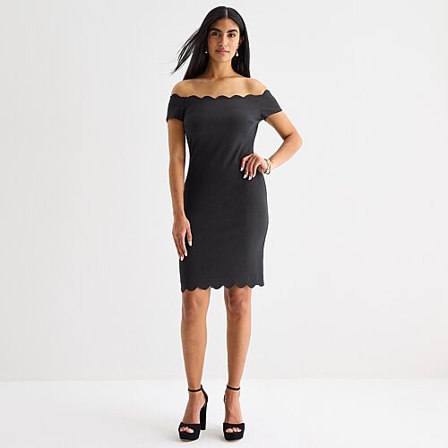 Premier Amour Off The Shoulder Womens Scallop Neck Short Sleeve Scalloped Sheath Dress, 16, Black