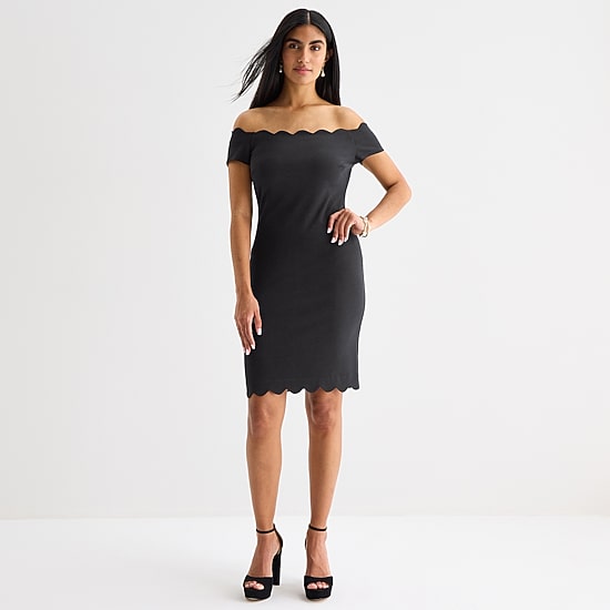 Premier Amour Off The Shoulder Womens Scallop Neck Short Sleeve Sheath Dress