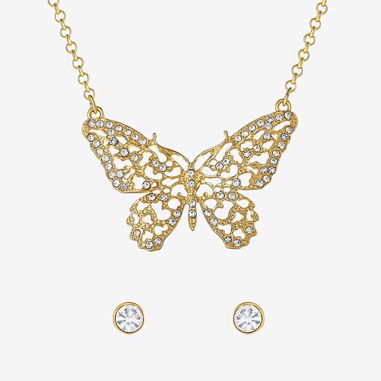 JS Jessica Simpson Gold Tone Pendant Necklace & Stud Earring Womens Crystal Butterfly 3-pc. Jewelry Set