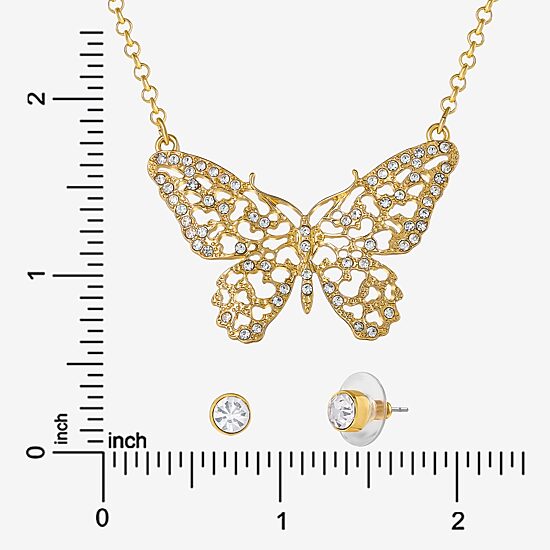 JS Jessica Simpson Gold Tone Pendant Necklace & Stud Earring Womens Crystal Butterfly 3-pc. Jewelry Set