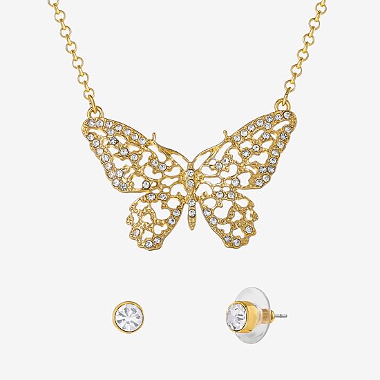 JS Jessica Simpson Gold Tone Pendant Necklace & Stud Earring Womens Crystal Butterfly 3-pc. Jewelry Set