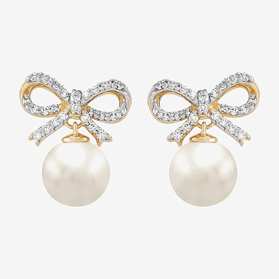 Limited Quantities! 1/6 CT. T.W. Genuine White Cultured Freshwater Pearl 14K Gold 12.5mm Bow Stud Earrings