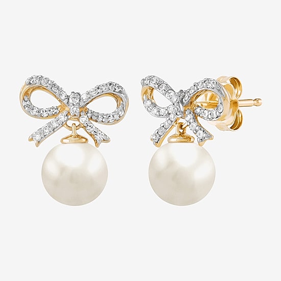 Limited Quantities! 1/6 CT. T.W. Genuine White Cultured Freshwater Pearl 14K Gold 12.5mm Bow Stud Earrings